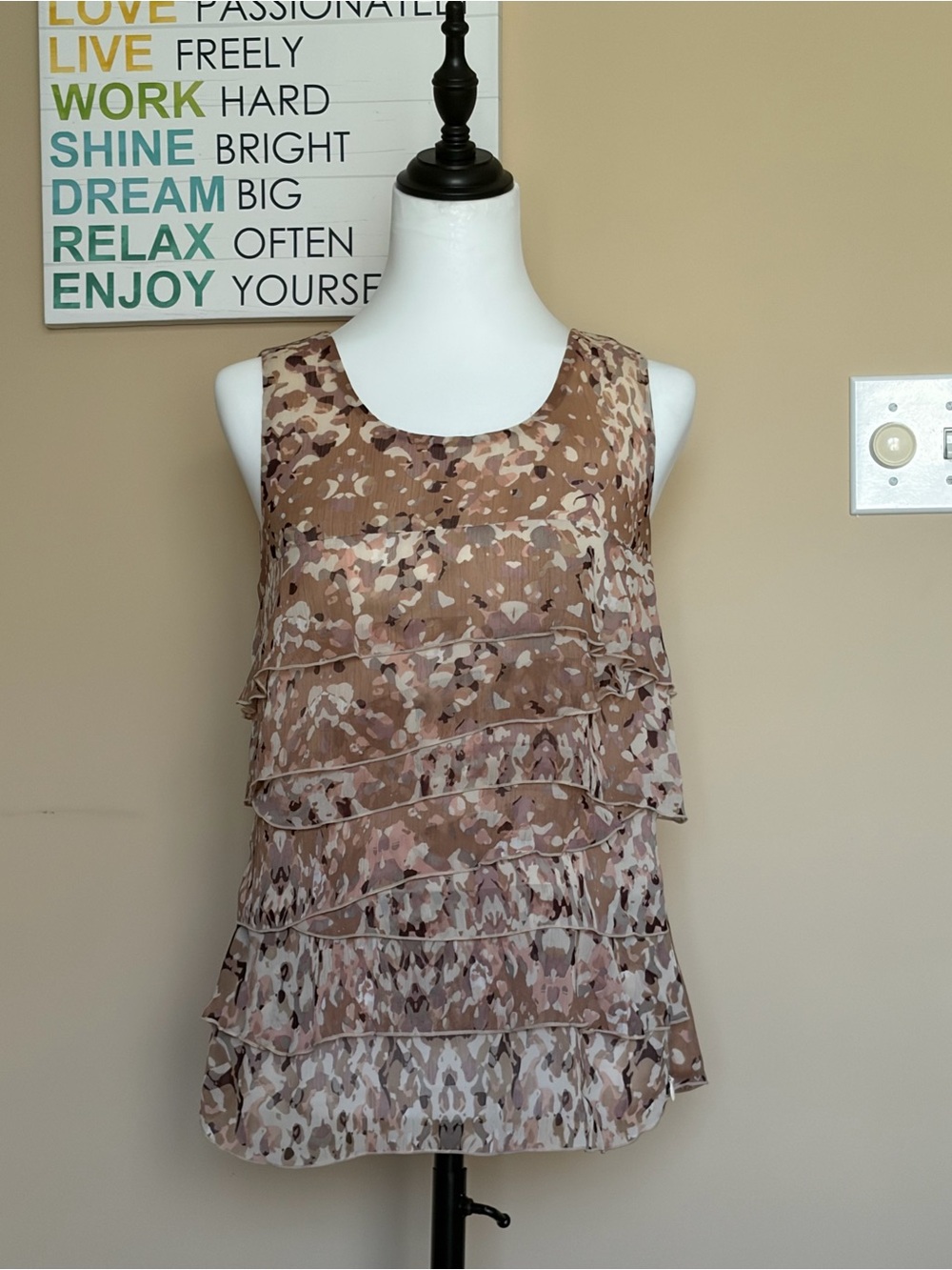 Ann Taylor Ruffle Tiered Camisole in Blush and Brown Print
